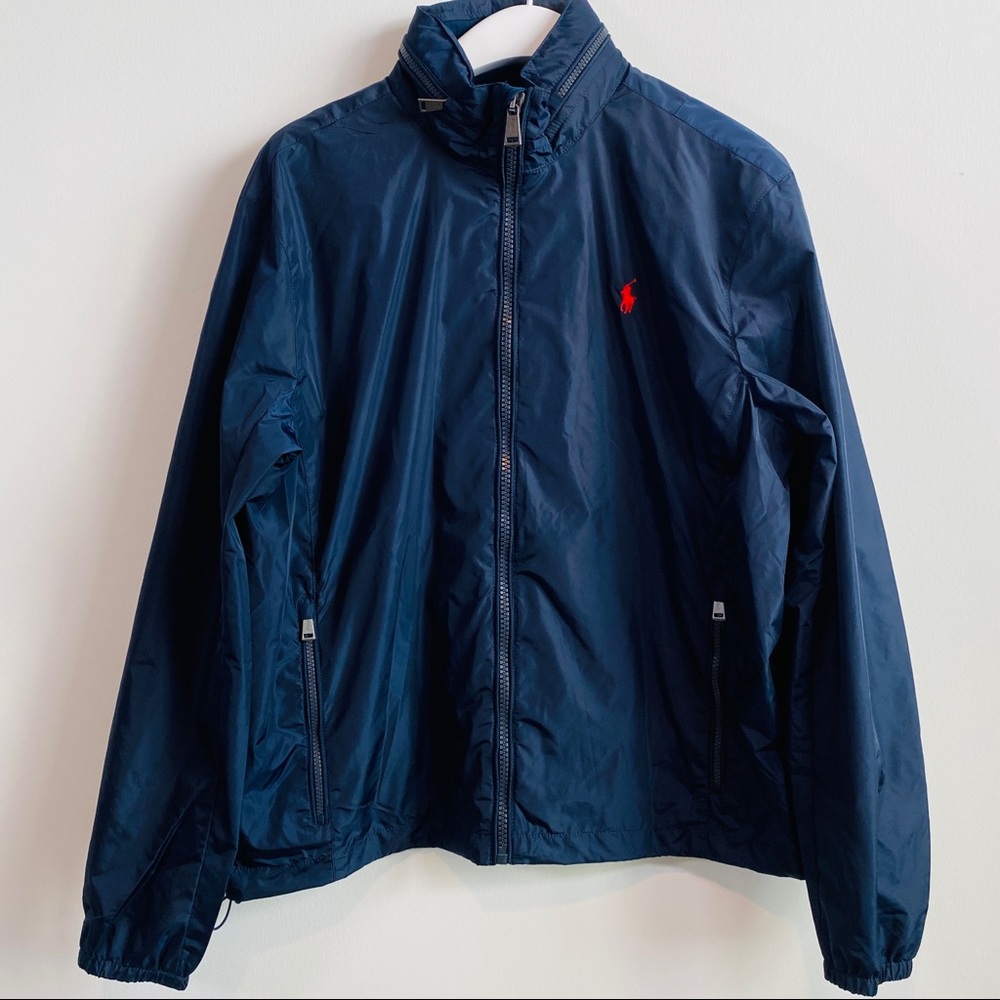 Polo Ralph Lauren Mens Navy Full Zip Away Hood Jacket Embroidered Logo Size LT